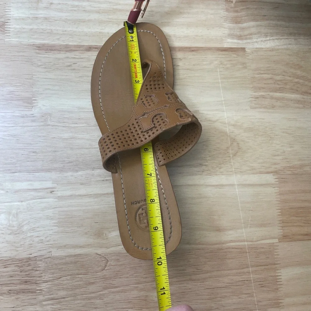 Tory Burch Tan Leather Laser‎ Cut Logo Thong Wedge Sandals Women's